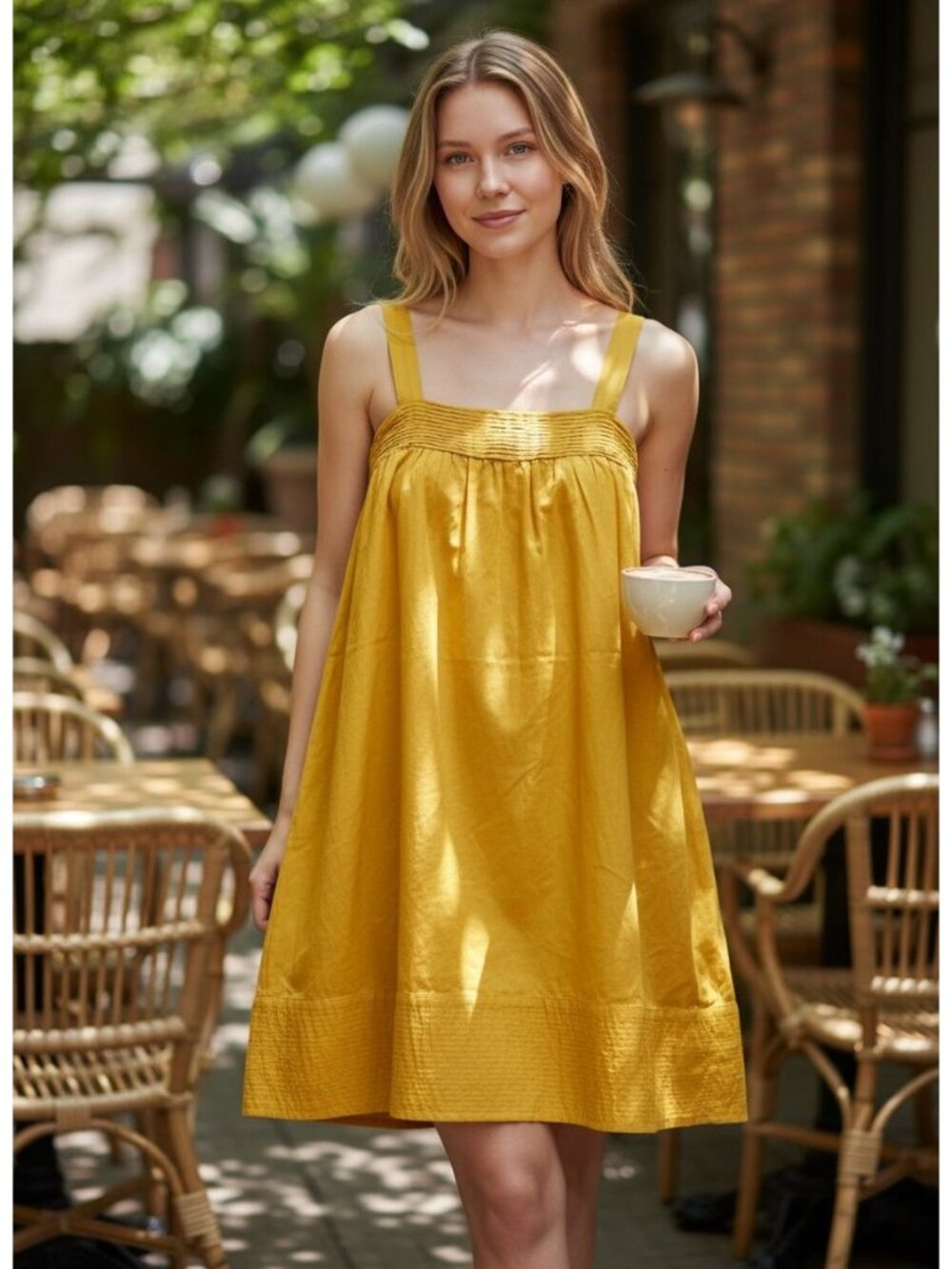 Cremieux Womens L Yellow Cotton A-Line Midi Dress Sleeveless Lined Sundress